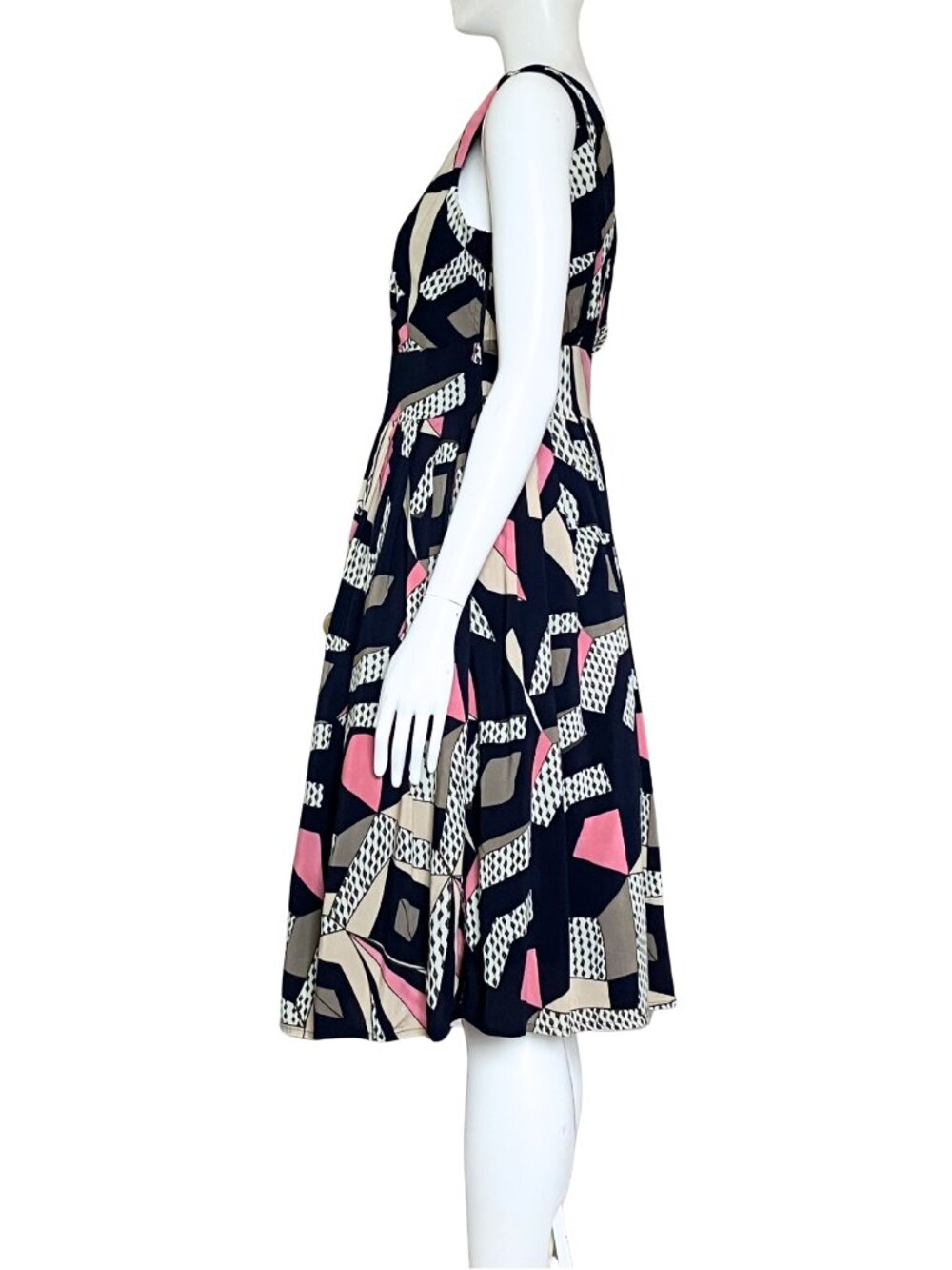 Aryeh Navy Geometric Print Fit & Flare Midi Dress. Medium. Retro Twee Bauhaus - Picture 3 of 11